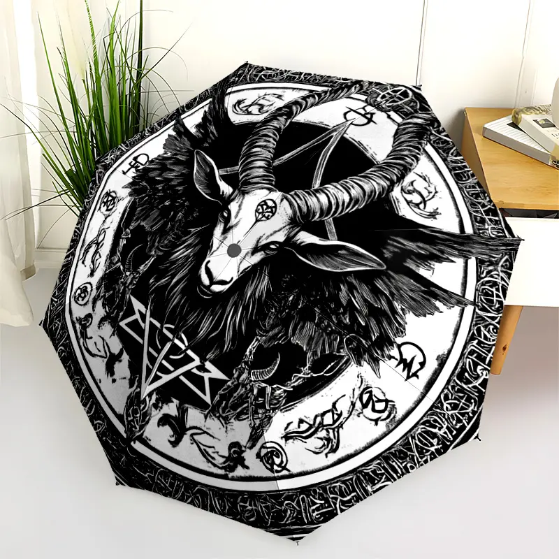 1 PC Automatic Folding Umbrella - Baphomet Symbol Occult Artwork Pattern, Portable & Foldable Design with 8 Ribs, Merry Christmas Pattern,Casual Outdoor Accessory Halloween and Christmas Birthday Gifts. E0020