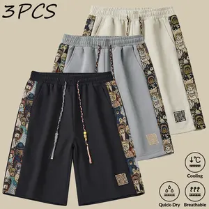 Fashion Men Bear Embroidery Patchwork Waffle Fabric Shorts Retro Ethnic Styling Elastic Braided Drawstring Waist Loose Fit Trendy Streetwear Summer Casual Shorts