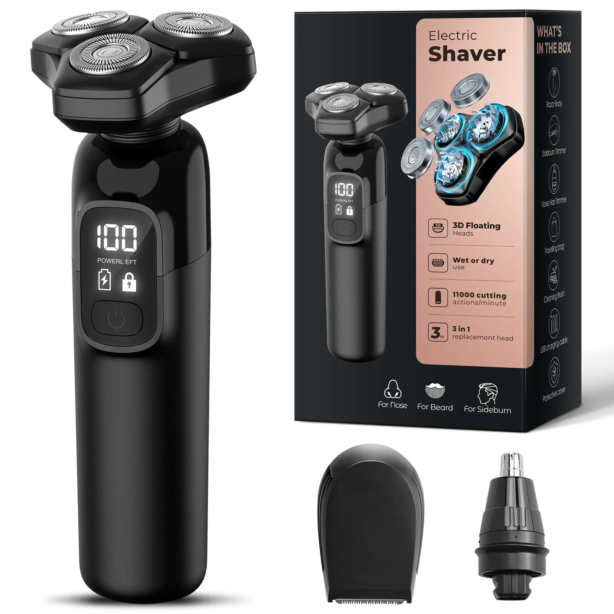 Akunbem Electric Razor for Men  3-in-1 Cordless Shaver 3-Blade Rotary Shavers Wet/Dry for Beard Nose & Face, IPX7 Waterproof Fast Charge Travel Trimmer Grooming Set ,Groin Hair Trimmer,for Men&Bald Head Shaving,Husband Gift, Birthday, Halloween &Christmas