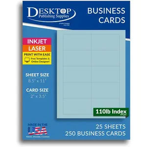 250 Plain Blue Business Cards 3.5" x 2" - Printable Colored Blank Business Card Paper Sheets, Micro Perforated Cardstock Business Cards 110lb Index (199gsm) for Inkjet Laser Printers,10UP - 25 Sheets