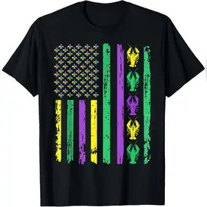 Men's Graphic T-Shirt, Mardi Gras Crawfish & USA Flag Print, Short-Sleeve Cotton Streetwear Top, All-Season Wear, Tshirt, Shortsleeve