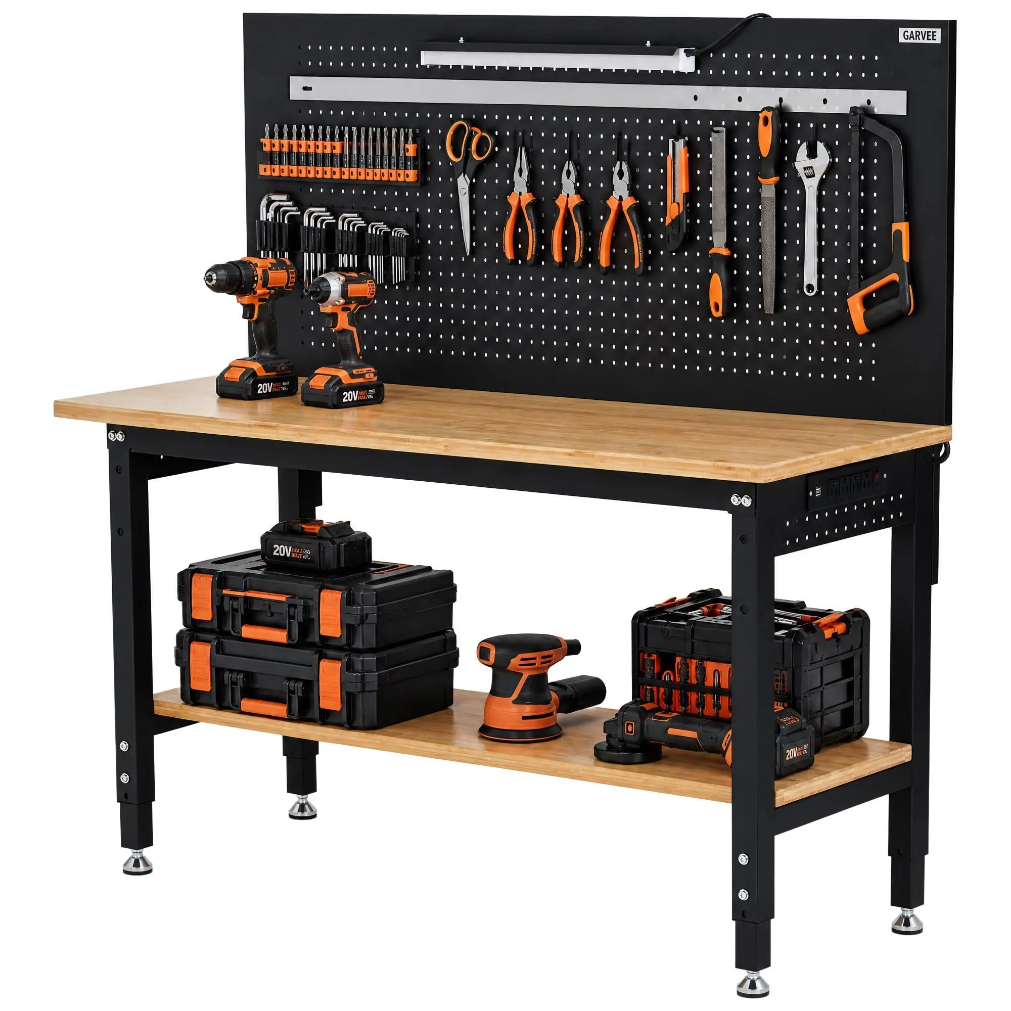 60" Adjustable Work Bench with Storage Shelf & Pegboard, Power Strip