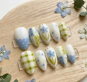 Pastel Periwinkle Blue & Green Springtime Quilted Easter Flower Press On Nails, Handmade Reusable Quality Gel Glue on Nail, Gift For Girl