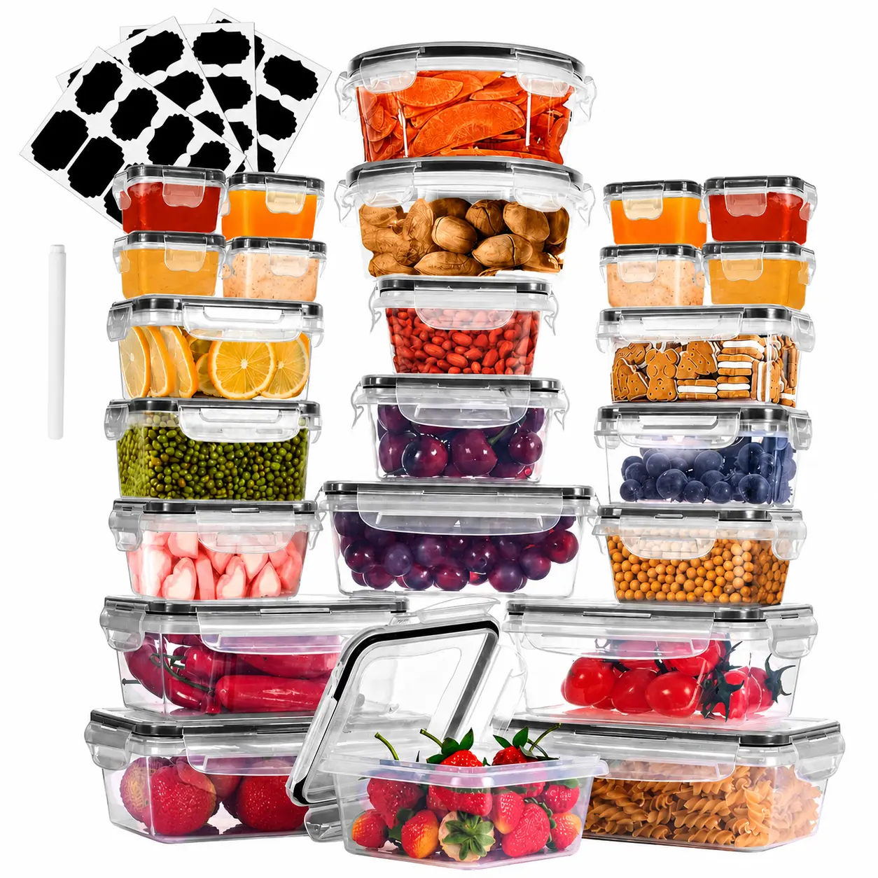 Airtight Food Storage Containers Set Containers with Lids Leakproof Reusable Microwave Dishwasher Safe with Labels Pen Transparent Plastic Stackable Food Grade Plastic meal prep containers 12/24 Pcs