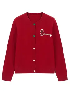 Christmas Red Snowman Embroidery Cardigan Thick Warm Lazy Style with Velvet Buttons and Classic Chinese Red Elegant White Premium Gray