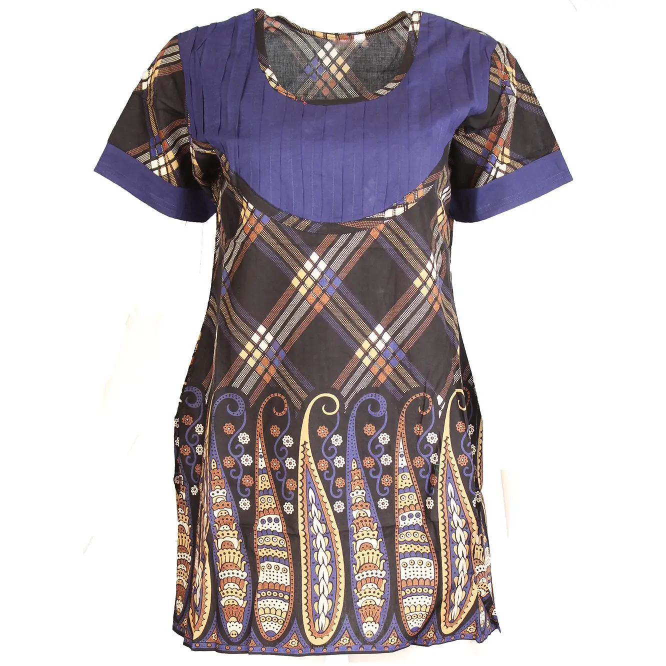 Tunic for Women 100% Cotton Black Diamond Pattern Kurti With Leaf Design Round Neck, Short Sleeves Kurta, Tops.