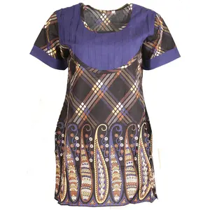 Tunic for Women 100% Cotton Black Diamond Pattern Kurti With Leaf Design Round Neck, Short Sleeves Kurta, Tops.