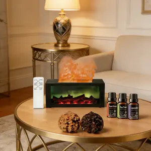 Ultrasonic Flame Humidifier with 7-Color LED, Remote & Relaxing Massage Hand Ball for Bedroom Office Decor fireplace cloud rain plant diffuser Colorful