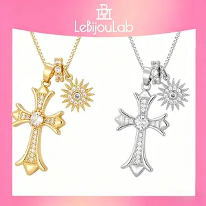 [LebijouLab] Viral Cross & Sun Charm Necklace for Women | Retro Luxury Aesthetic Cross Necklace with Sunburst Charm | Jewellery for Her | Mother's day Gift