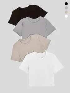 Women's Solid Round Neck Tee, Casual Short Sleeve Crew Neck T-shirt for Daily Wear, Ladies Clothes for All Seasons