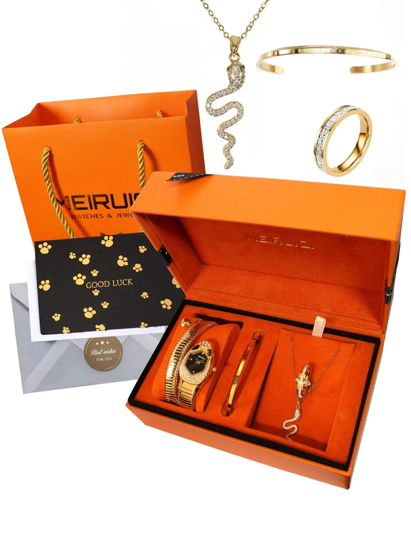 Women's Elegant Snake Design Quartz Watch & Jewelry Set, Including Wristwatch & Bangle Bracelet & Ring & Pendant Necklace, Fashion Watch Set for Gift with Box Women's Elegant Snake Design Quartz Watch & Jewelry Set, Including Wristwatch & Bangle Bracelet & Ring & Pendant Necklace, Fashion Watch Set for Gift with Box