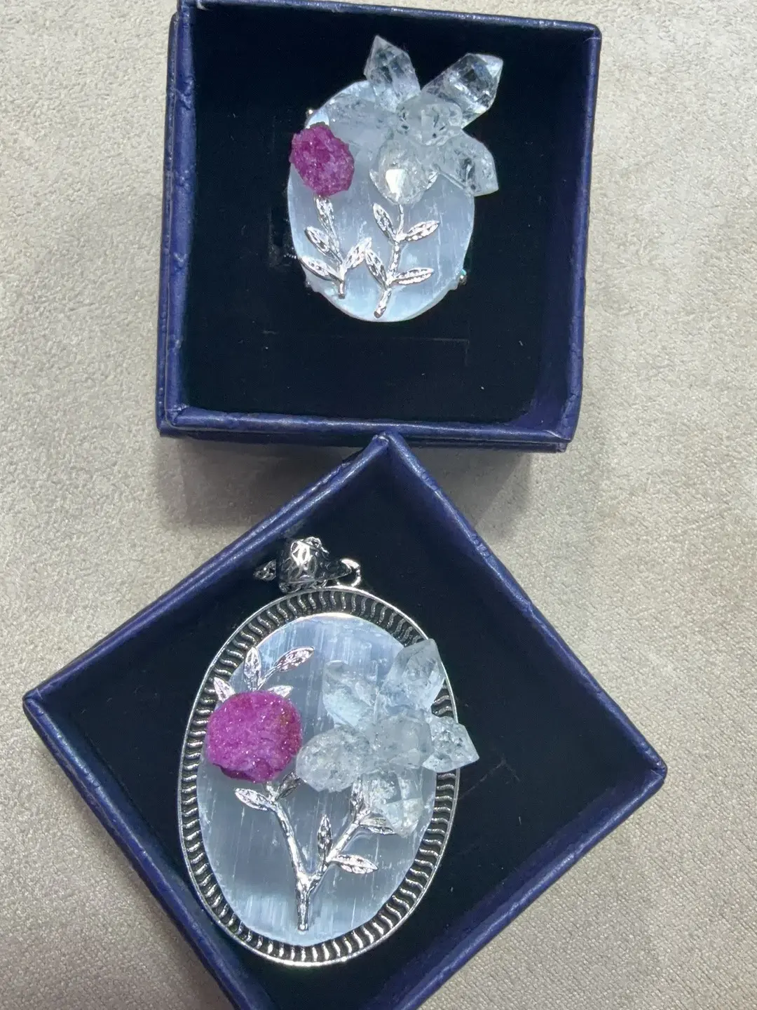 Wen(7390)gc.selenite diy ring and pendant（Ruby and Herkimer diamond flower）