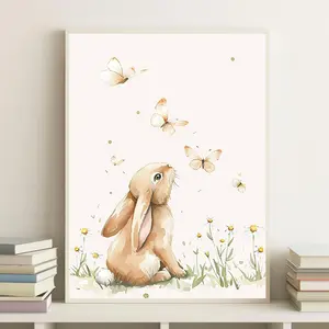 Rabbit & Butterfly Pattern Unframed Painting, 1 Count Watercolor Animals Pattern Canvas Wall Art, Wall Decor for Home Living Room Bedroom Study Room, Watercolor Floral Design