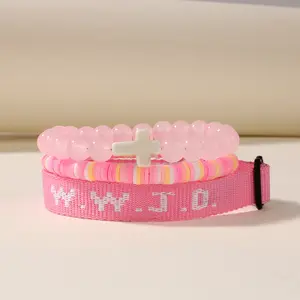 September Laurel WWJD Letter Design Beaded Bracelet, Fashionable Cross Charm Bracelet for Women & Men, Trendy All-match & Exquisite Jewelry for Birthday Gift Valentine’s Day Gift
