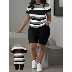 Women'S Plus Size 2pcs Outfits Summer Sweatsuits Jogger Sets Casual Print Shorts Workout Sets