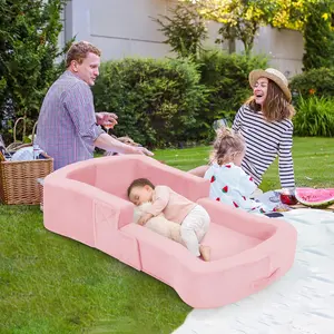 Toddler Travel Bed, 2-in-1 Foldable Portable Toddler Bed Sofa Chair, Soft Baby Kids Travel Floor Cot with Washable Covers Safety Foam Raised Bumper for Camping Hotel Sleeping (Pink)