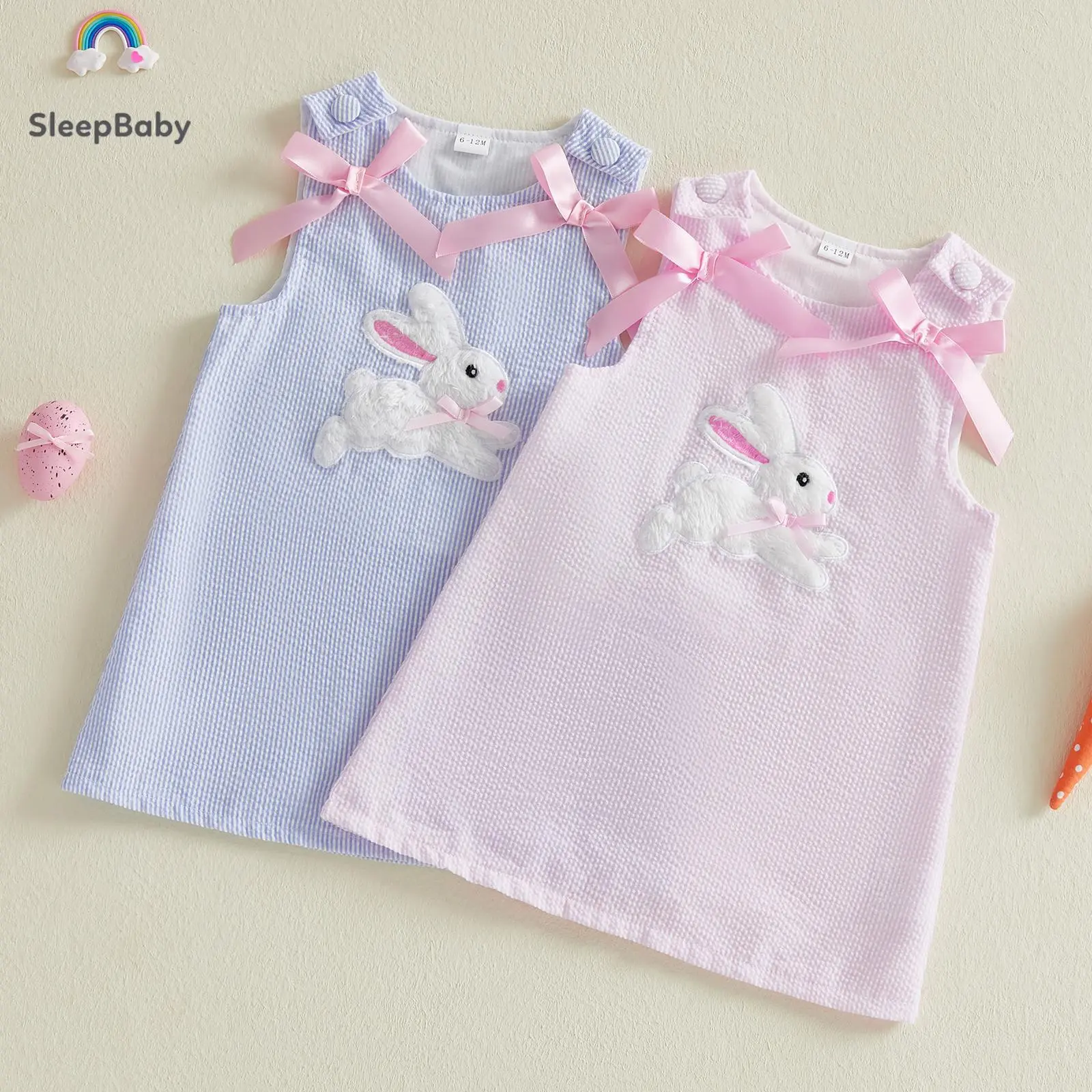 Toddler Embroidered Smocked Baby Girl Easter Dress Sleeveless Crew Neck Bunny Embroidery Striped Tank Dress Smocked Peter Pan Collar Dress