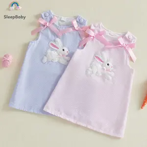 Toddler Embroidered Smocked Baby Girl Easter Dress Sleeveless Crew Neck Bunny Embroidery Striped Tank Dress Smocked Peter Pan Collar Dress