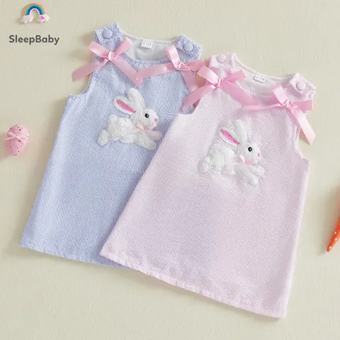 Baby Girl's Cotton Blend Striped Tank Dress - Sleeveless Crew Neck Peter Pan Collar, Cute Easter Bunny Embroidery Adds Charm, Smocked Baby Girl Clothes for 12-18 Months