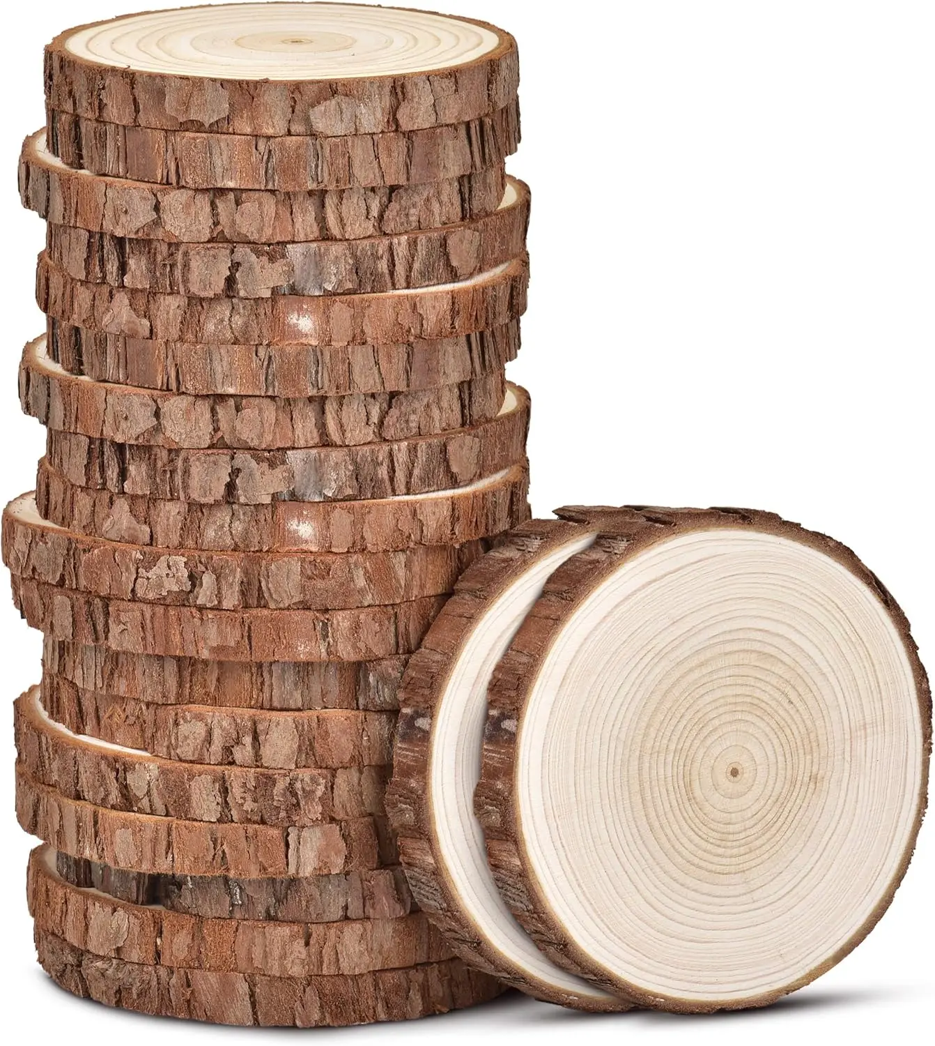Wood Slices with Bark, 20 Pcs 3.5-4 Inch Unfinished Pre-Sanded Wood Rounds, DIY Craft Supplies for Kids Art, Coaster, Christmas Ornament & Rustic Wedding Decor