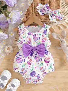 Baby Easter-themed clothing, Baby Girl Clothes, colorful egg print, sleeveless romper with ruffle design, matching hair accessories, purple bowknot, suitable for girls 0-3, Easter party gift