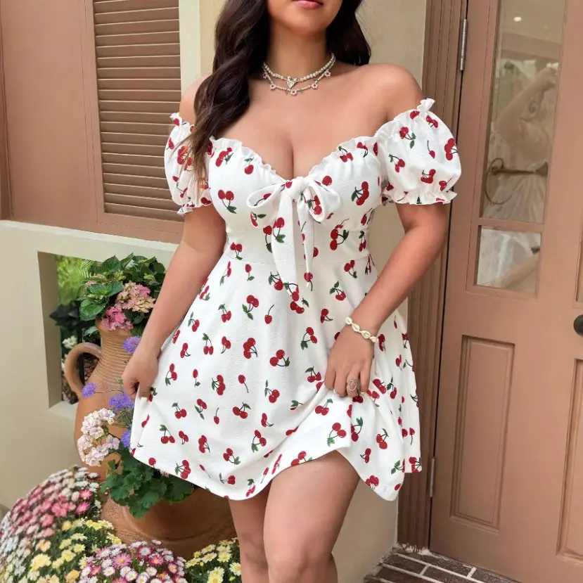 Chic Cherry Printed Puff Sleeve Midi Dress Slim Flowy Swing Skirt