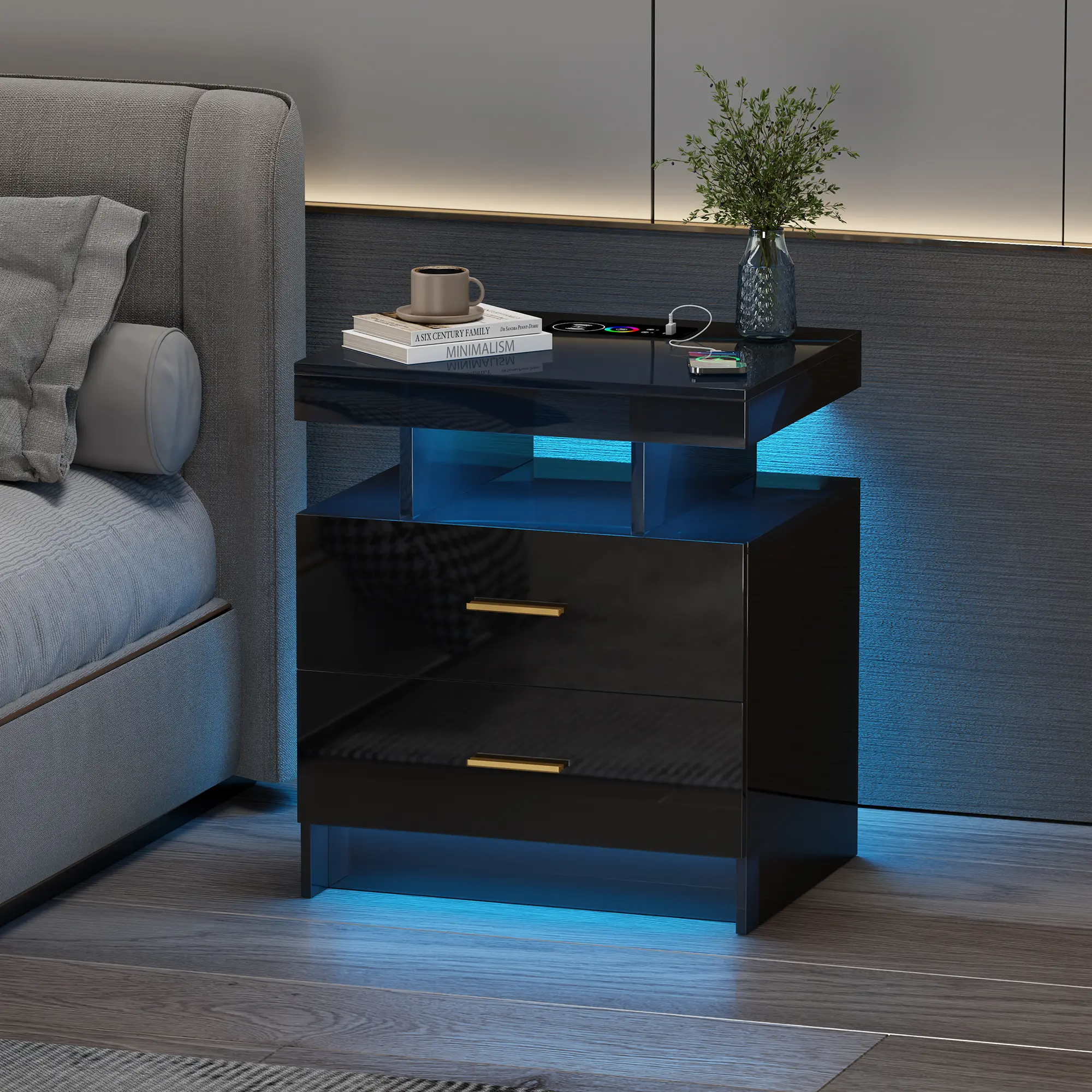 Dystler RGB Motion Sensor LED Nightstand | Smart Bedside Table with USB & Wireless Charging, 24 Color Lights, 2 Drawers for Bedroom, Assembly Required