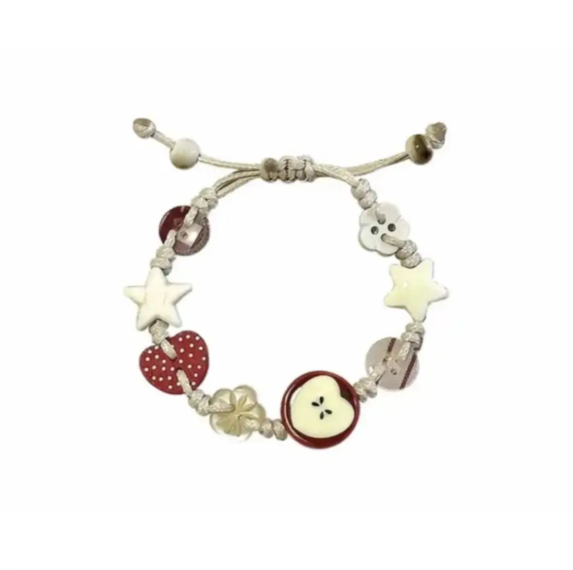 Handmade Bead Button Bracelet - Adjustable, Customizable Fit Bangle with Apple Fruit Charm, Versatile Accessory for Women's Daily Friendship Costume Jewelry
