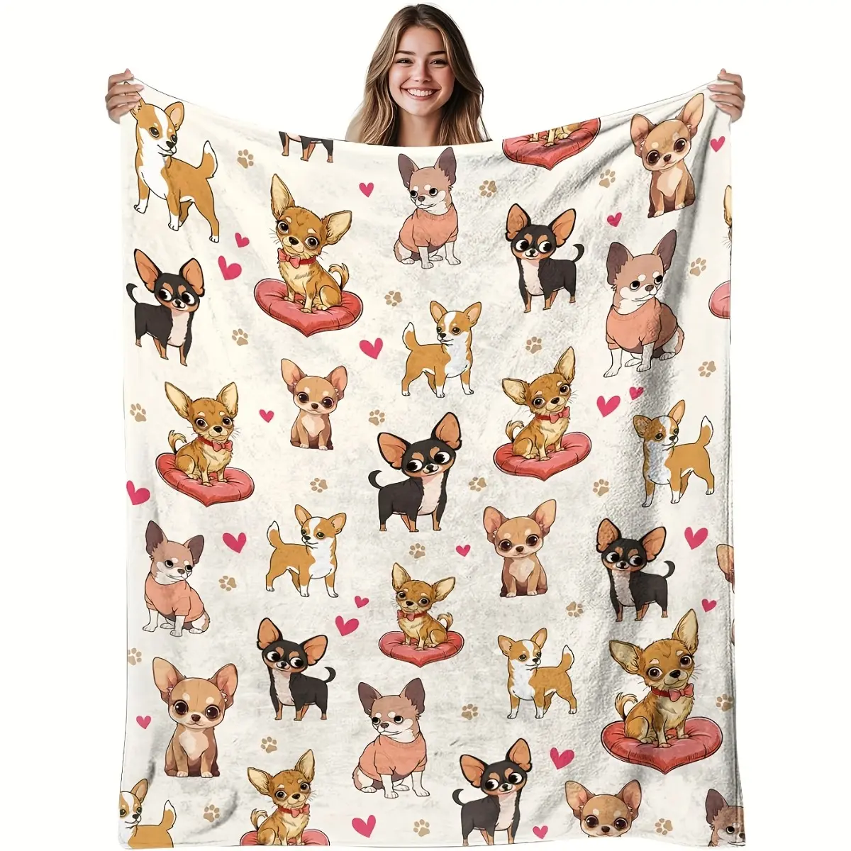[1pc Chihuahua Lovers Blanket] Soft Flannel Cozy Throw Blanket | 1pc Chihuahua Lovers Gift with Cute Chihuahua & Heart Design, All-Season Machine Washable Pet Blanket for Sofa Bed Travel, Birthday Gift for Dog Ladies, Playful Design, Comfortable Texture