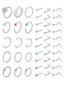 Nose Rings Studs Set, Nose Rings Hoop L Shape Nose Studs, Cute Heart Flower Nose Piercing Jewelry for Women Men, Stainless Steel Silver Gold