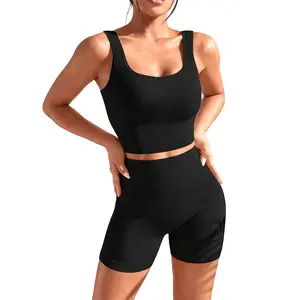 Women's Workout Sports Set, Summer Seamless Ribbed High Waist Leggings with Sports Bra Gym Sets