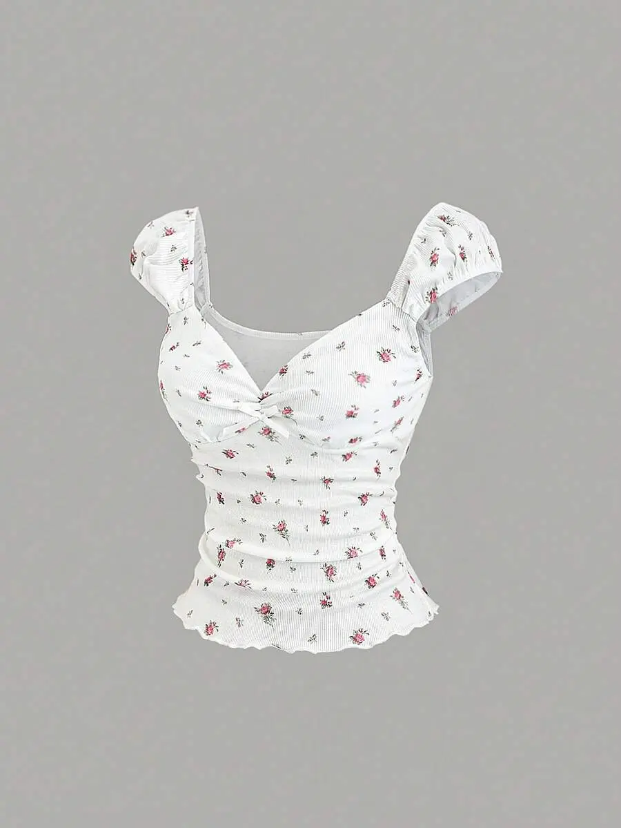 Women's White And Pink Summer Elegant Picnic Sweetheart Neck T-Shirt,Ditsy Floral Print Ruched Fitted Waist Knit Puff Sleeve Cute Bow Top