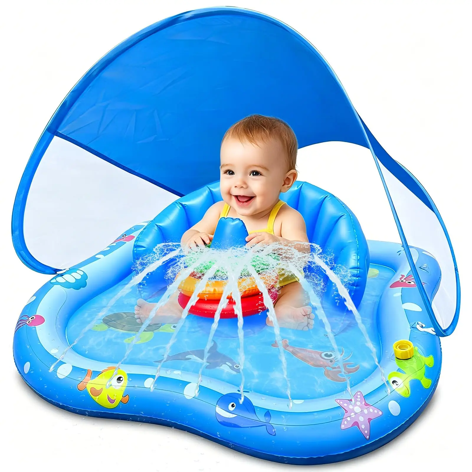 Baby Play Mat with Sprinkler, Inflatable Baby Pool Float with Canopy Backrest & Stackable Rings Water Sprinkler for Kids, Outdoor Water Play Toys for Toddlers Backyard Swimming Water Games