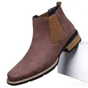 KVONE new Western cowboy boots — men’s square-toe Western Chelsea boots with casual embroidery, ankle height; comfortable, stylish footwear; minimalist khaki work-casual shoes with a leather upper and non-slip rubber sole. Men's Fashion Shoes