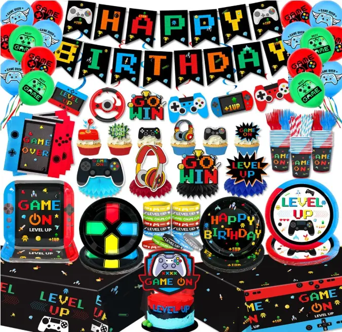 Gamer Birthday Party Decorations Video Game Plates and Napkins Cups GO WIN Honeycomb Centerpieces Hanging Swirls Balloons Cake Toppers LEVEL UP Bracelets Tablecloth Gaming Birthday Party Supplies