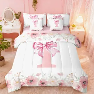 Feelyou Initial Letter Bedding Set - Cute Pink Bowknot Floral Princess-Style Comforter with Sheets, Girly Bedroom Decor for Girls