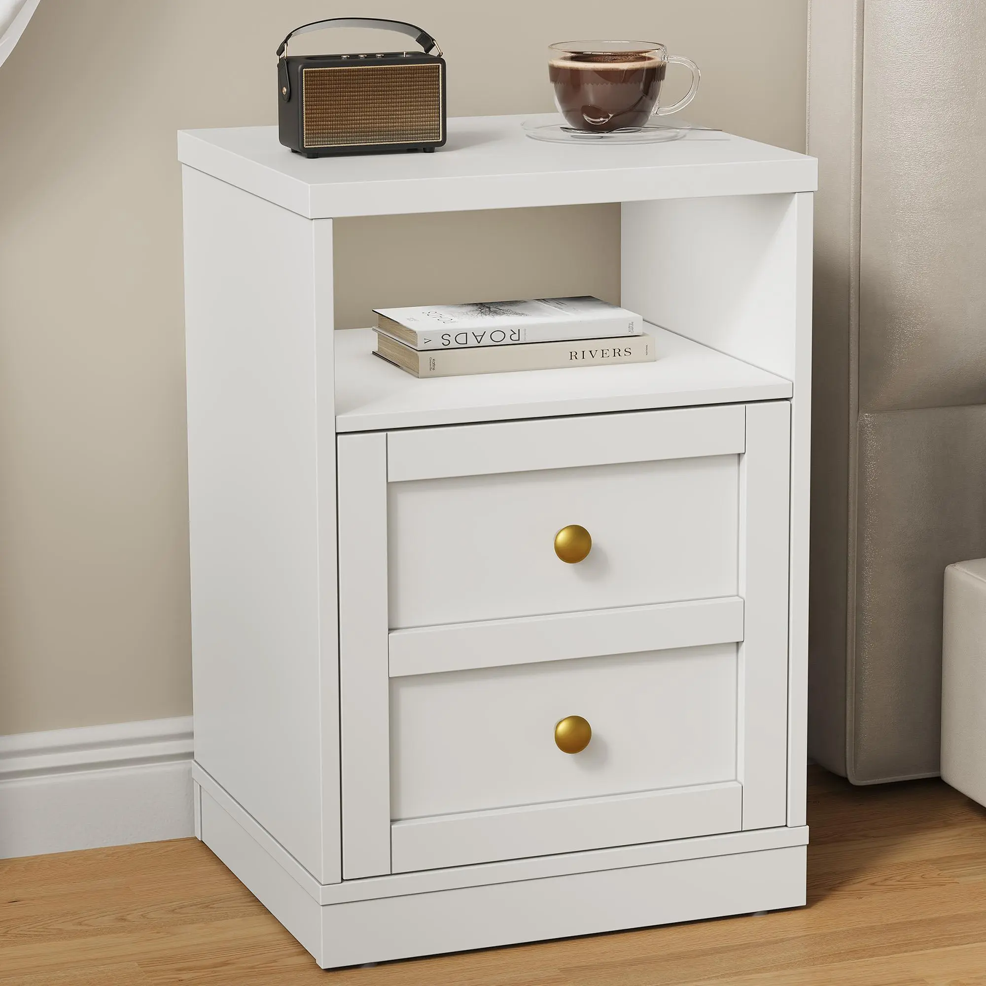 【Summervibes】RoyalCraft L Nightstand with Storage Shelf and Door, Faux Two-drawer Design Side Table , Modern Night Stand for Bedroom Dorm, Wood End Table for Living Room Small Spaces