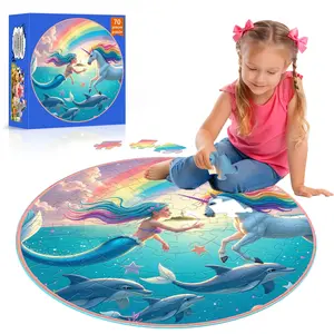 1box (70pcs) Large Piece Puzzle, Dreamy Cartoon Mermaid & Unicorn Pattern, Dolphin, Starfish, Rainbow Elements, Early Learning Gift