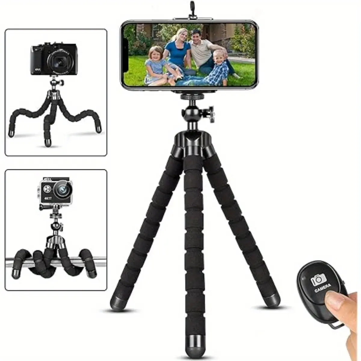Metal Adjustable Compact Mini Octopus Wireless Tripod with Universal Clip, Remote Control, Lightweight Hands-Free Holder for iPhone, Android Cellphones, DSLR, Photography Selfie Accessory