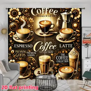 2D Flat 2Pcs Coffee-themed Curtains, Rustic Coffee Lover's Decor, Semi Sunshade Window Panels for Kitchen, Dining Room, Cafe, Living, Bedroom, Balcony, Study, Shower Decoration, Accessory, Anti Privacy.