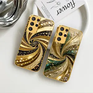 Luxury Gold-Plated Edge Case Liquid Swirl Glitter Glass Cover for Galaxy S21 Ultra 5G ---975