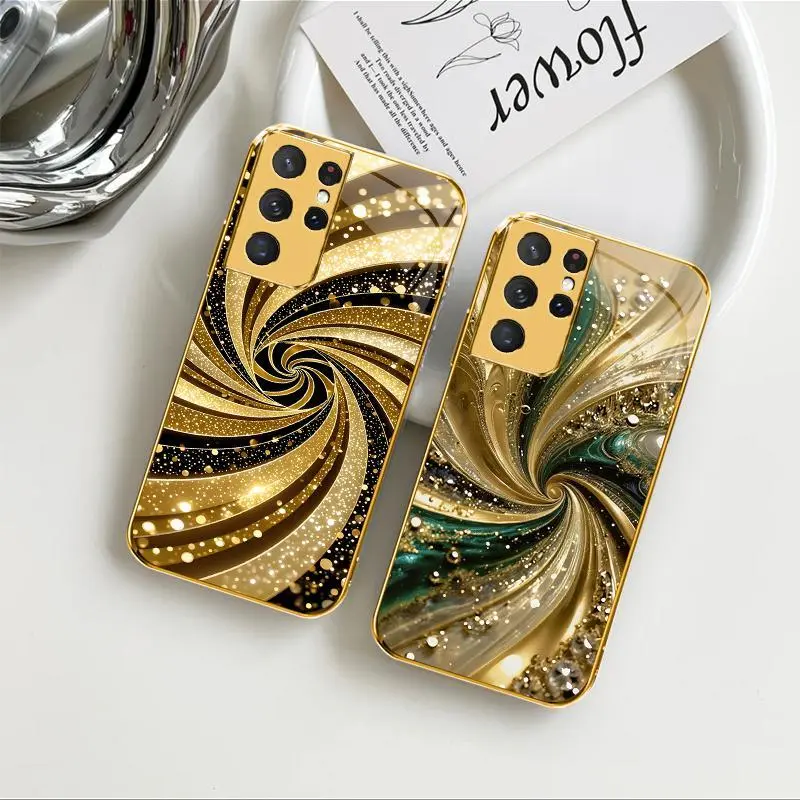 Luxury Gold-Plated Edge Smartphone Casing - Liquid Swirl Glitter Glass Cover for Galaxy S21 Ultra 5G, Cellphone Protection Accessories