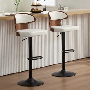 Bar Stools Set of 2 Adjustable Height Swivel Bar Stools Faux Leather Upholstered Bentwood Barstools with Back & Footrest Bar Chair for Dining Room Kitchen White