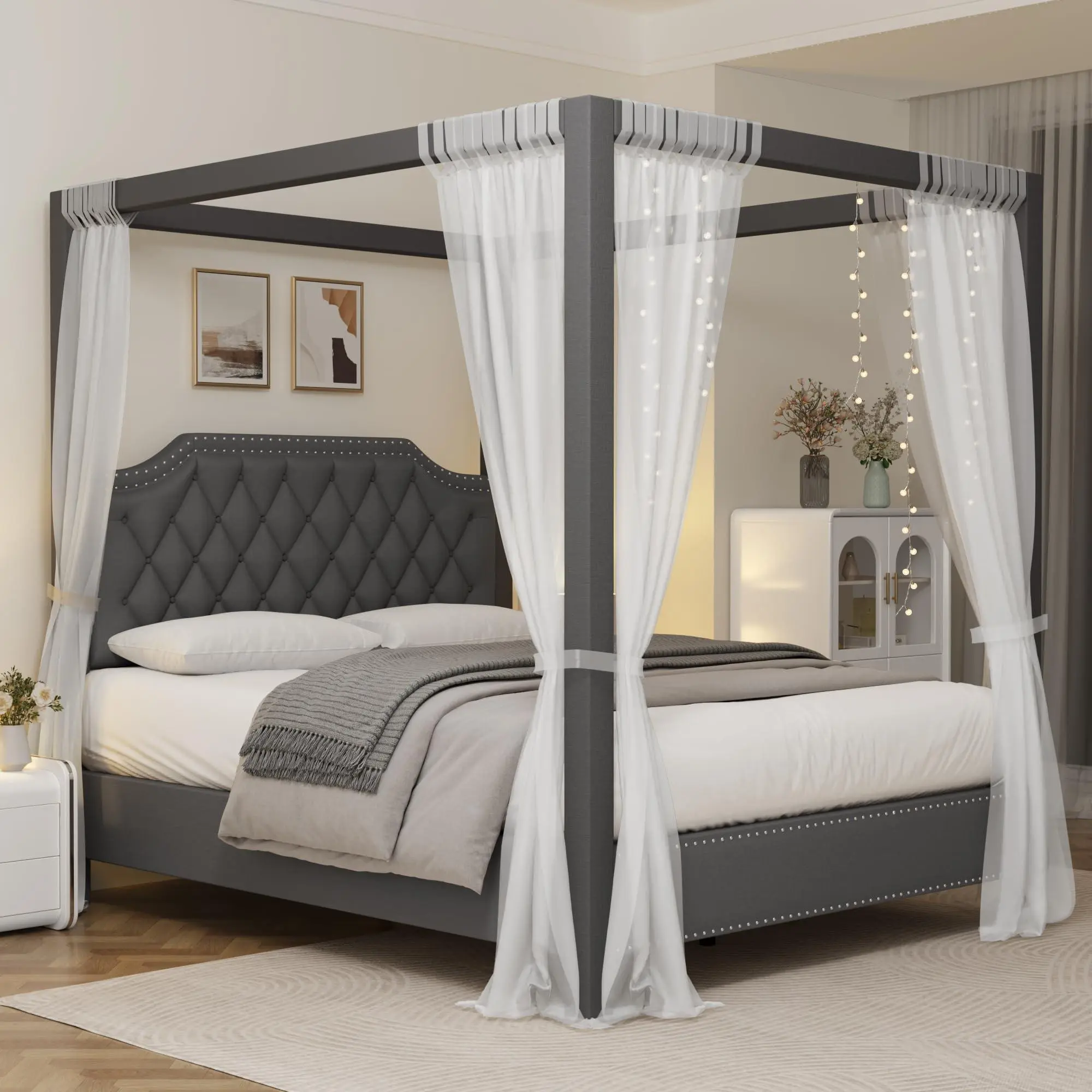 GARVEE Queen Size Canopy Bed Frame with Nailhead Decoration Headboard，Upholstered Bed Frame with Poles 4 Corner Bed Bracket,Solid Wood Slats Support,No Box Spring Needed,Noise Free,Gray