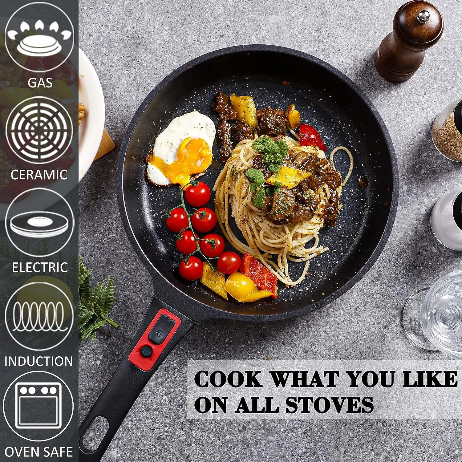 DIIG Nonstick Frying Pan Skillet with Silicone Lid, 11.5 Inch Saute Pan Omelet Sauce Pan Red Cookware, Chef Pan for Cooking with Detachable Handle, Induction Oven Safe All Stoves Compatible