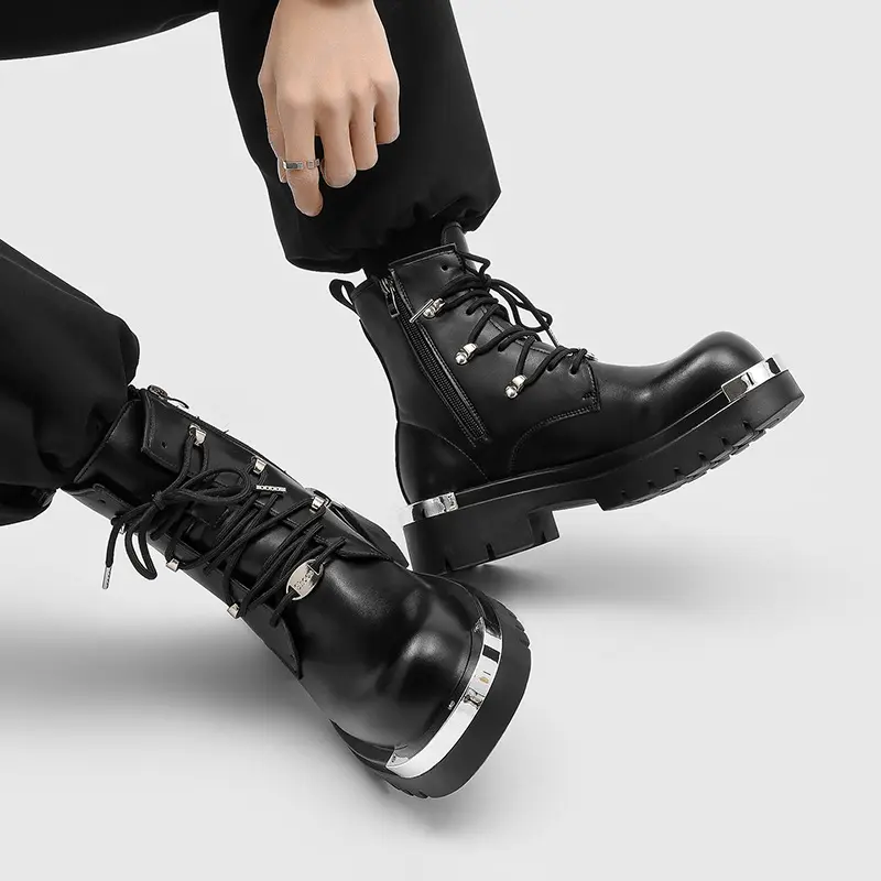 Glossy smooth leather oversized round toe lace-up ankle boots, metal aglet laces side zipper toe metal wrap plate serrated platform sole avant-garde street height increase casual ankle footwear