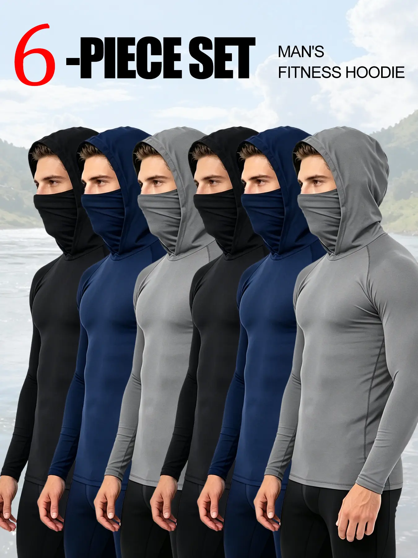 6-Pack Men's Workout Hoodie with Built-in Face Mask - Quick Dry UPF 50+ Sun Shirt for Men, Compression Long Sleeve for Gym, Running, Fishing & All Outdoor Activities Gym Athletic Clothes Gym Activewear