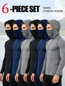 6-Pack Men's Workout Hoodie with Built-in Face Mask - Quick Dry UPF 50+ Sun Shirt for Men, Compression Long Sleeve for Gym, Running, Fishing & All Outdoor Activities