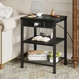 3-Tier Side Table with Charging Station, USB and Type-C Ports, Adjustable Shelf Nightstand for Bedroom, Small Space End Table for Bedside Storage, Sofa Couch Table for Living Room, Balcony and Apartment Use