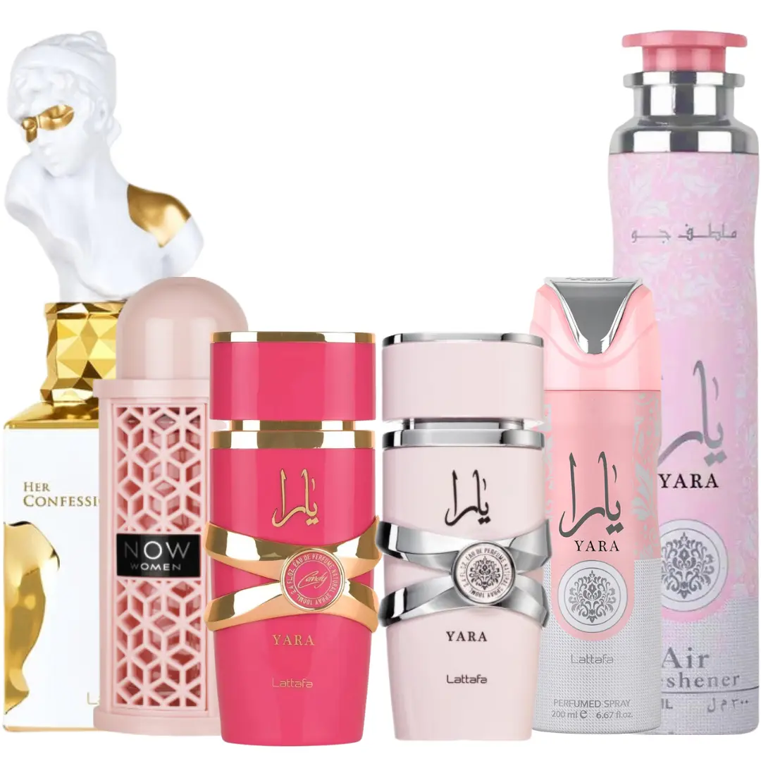Lattafa Fragrance Multi-Pack Modern Fragrance Set - Vanilla-Blueberry Deodorant, Liquid EDP (Candy, NOW Women's, Her Confession), Air Freshener, Ideal Mother's Day Gift